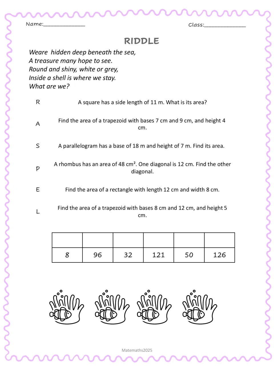 Sea treasure riddle: students find areas of a square, trapezoids, a parallelogram and a rhombus to decode the answer