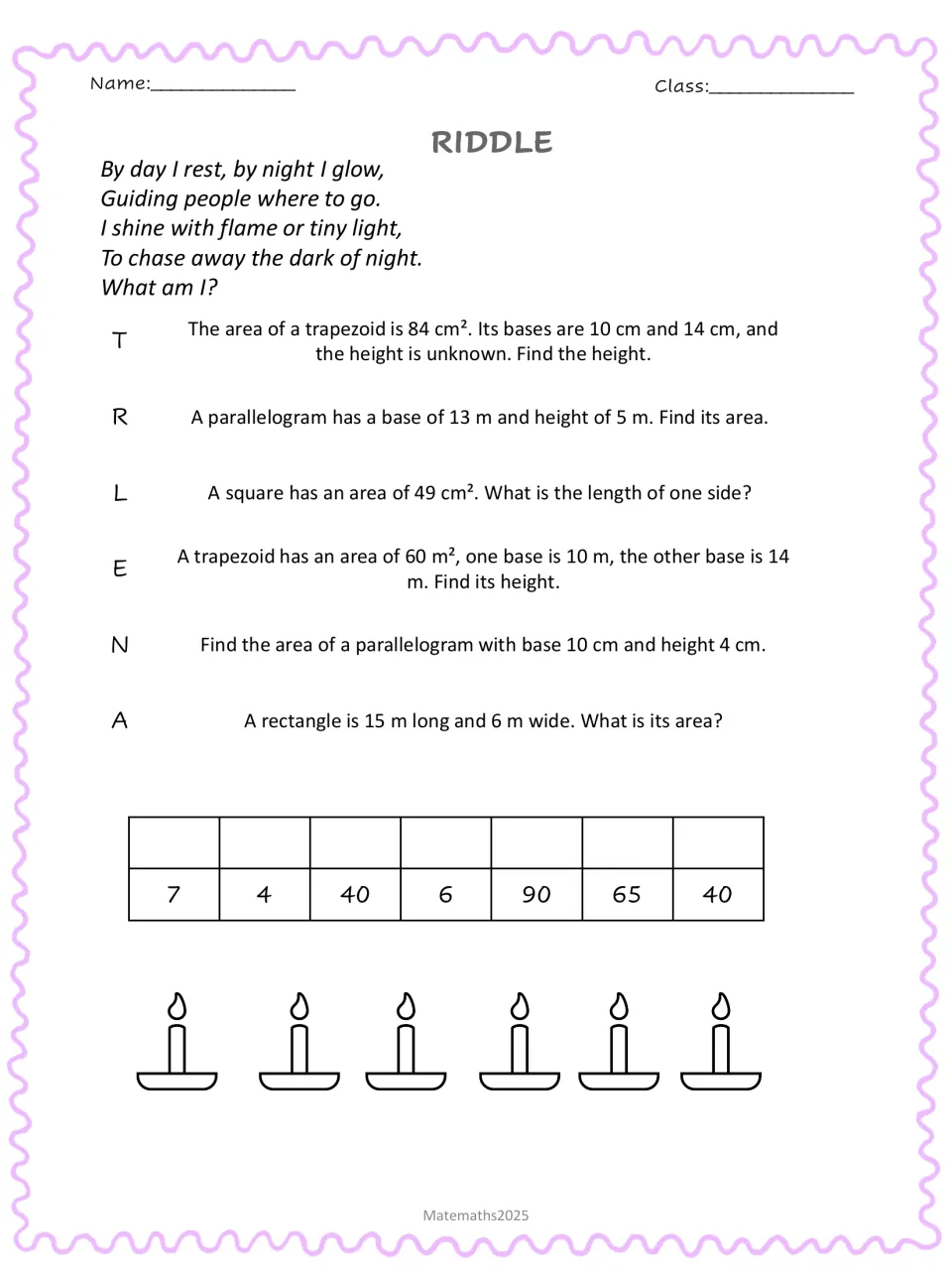 Night light riddle: students find areas and missing heights or sides of quadrilaterals, then decode the hidden word