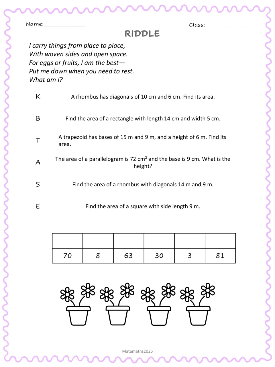 Woven carrier riddle: students find rhombus areas from diagonals and other quadrilateral areas to spell a word