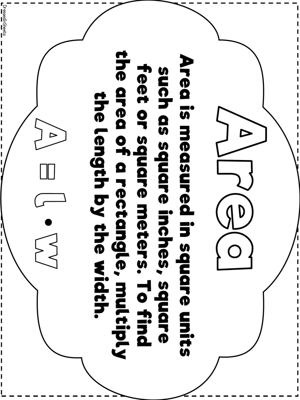 Area poster in black and white: area is measured in square units; multiply length by width, shown as A = l · w