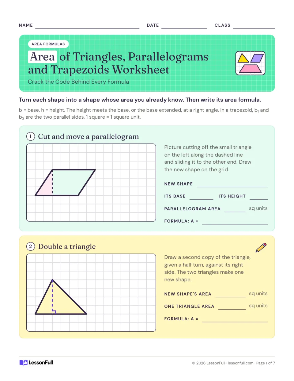 Area formulas: students cut and move a parallelogram and double a triangle on grids to work out each area formula