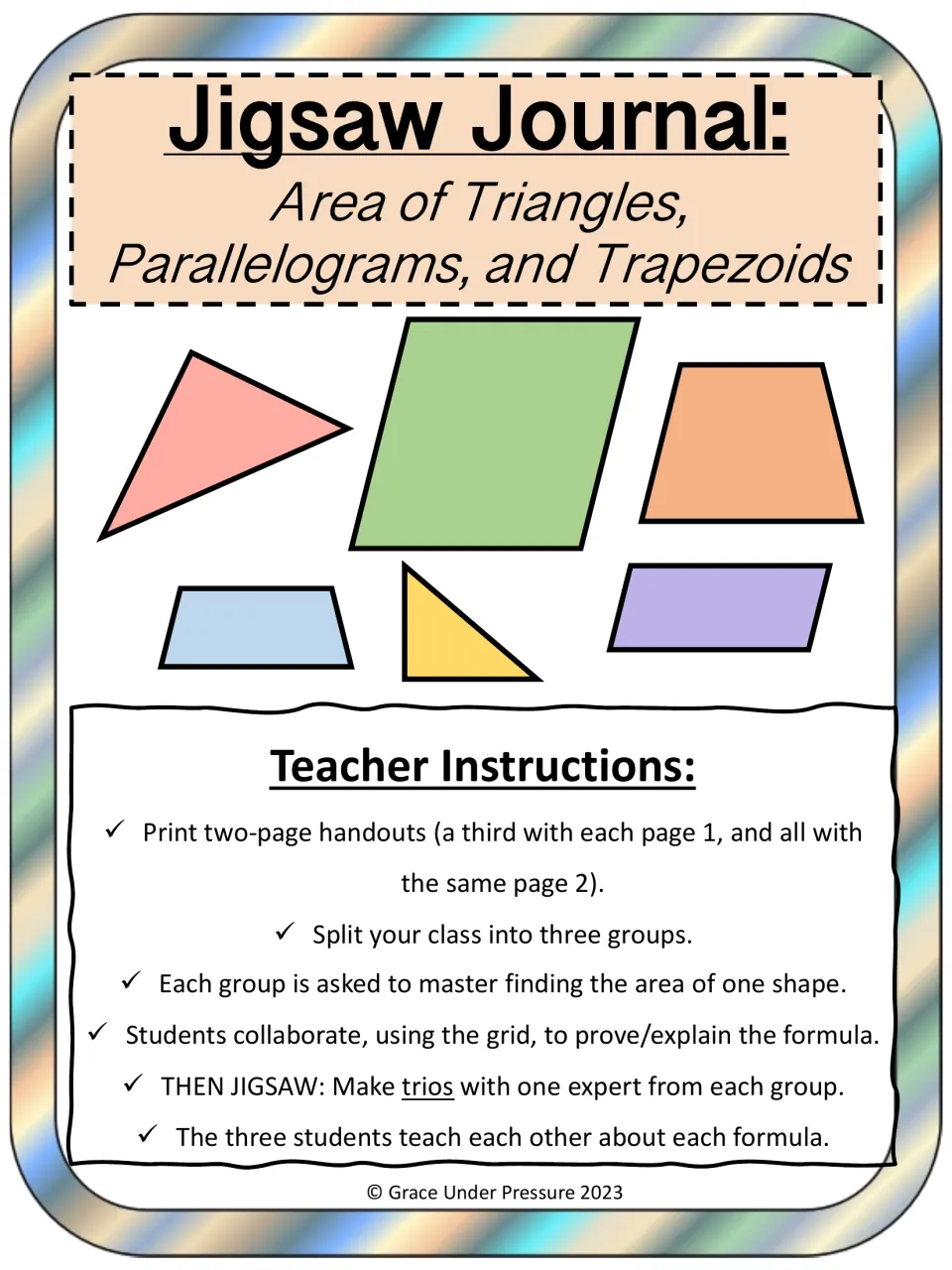Jigsaw Journal cover: area of triangles, parallelograms and trapezoids, with teacher steps for expert groups and trios