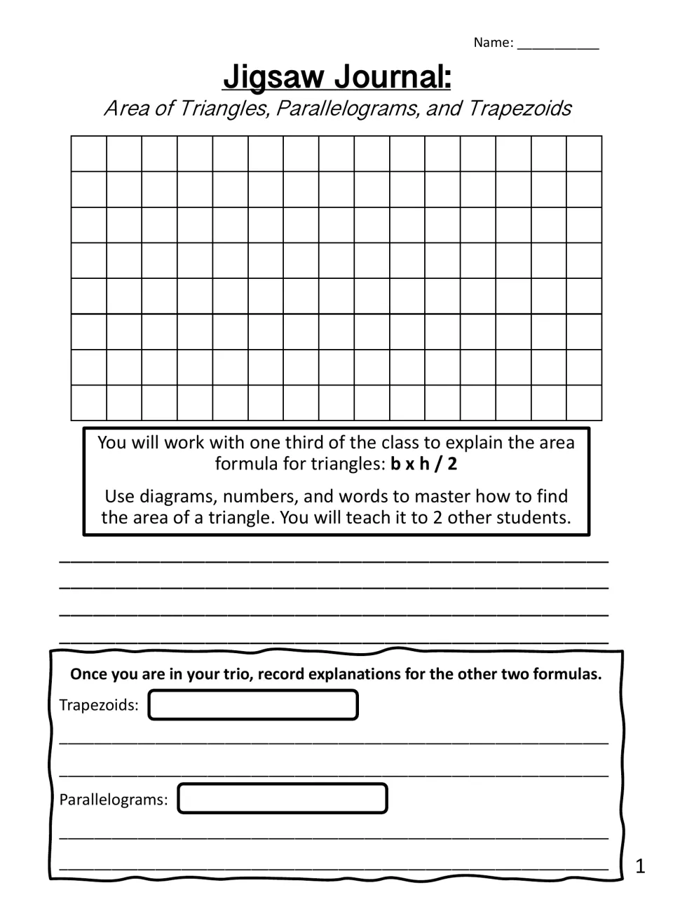 Triangle area expert sheet: students explain b x h / 2 on graph paper, then take trio notes on trapezoids and parallelograms