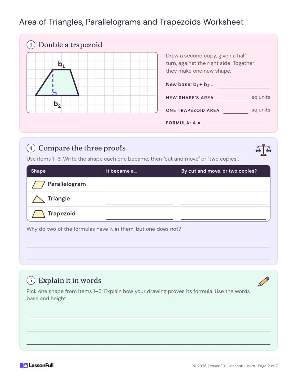 Students double a trapezoid into a parallelogram, compare the three proofs in a table and explain one in words
