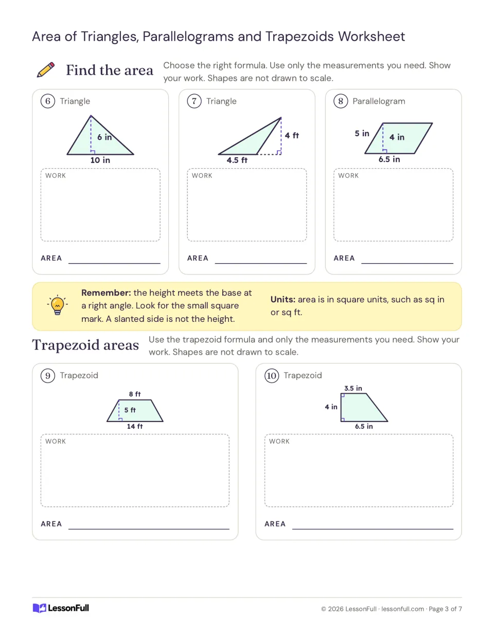 Find the area of two triangles, a parallelogram and two trapezoids using given measurements, with work space