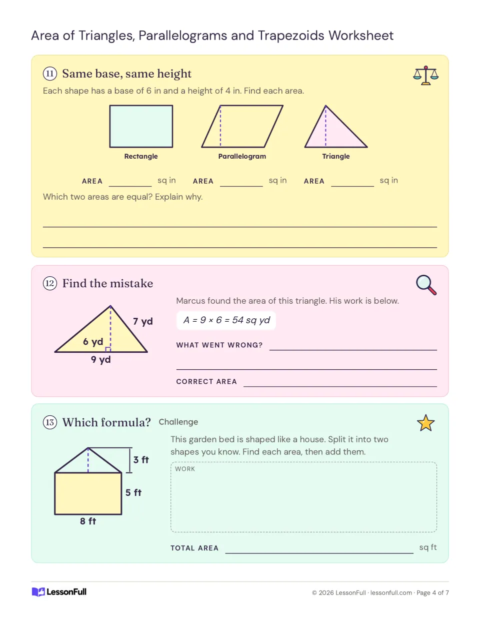 Same base and height area comparison, finding Marcus's triangle mistake, and a house-shaped composite area challenge