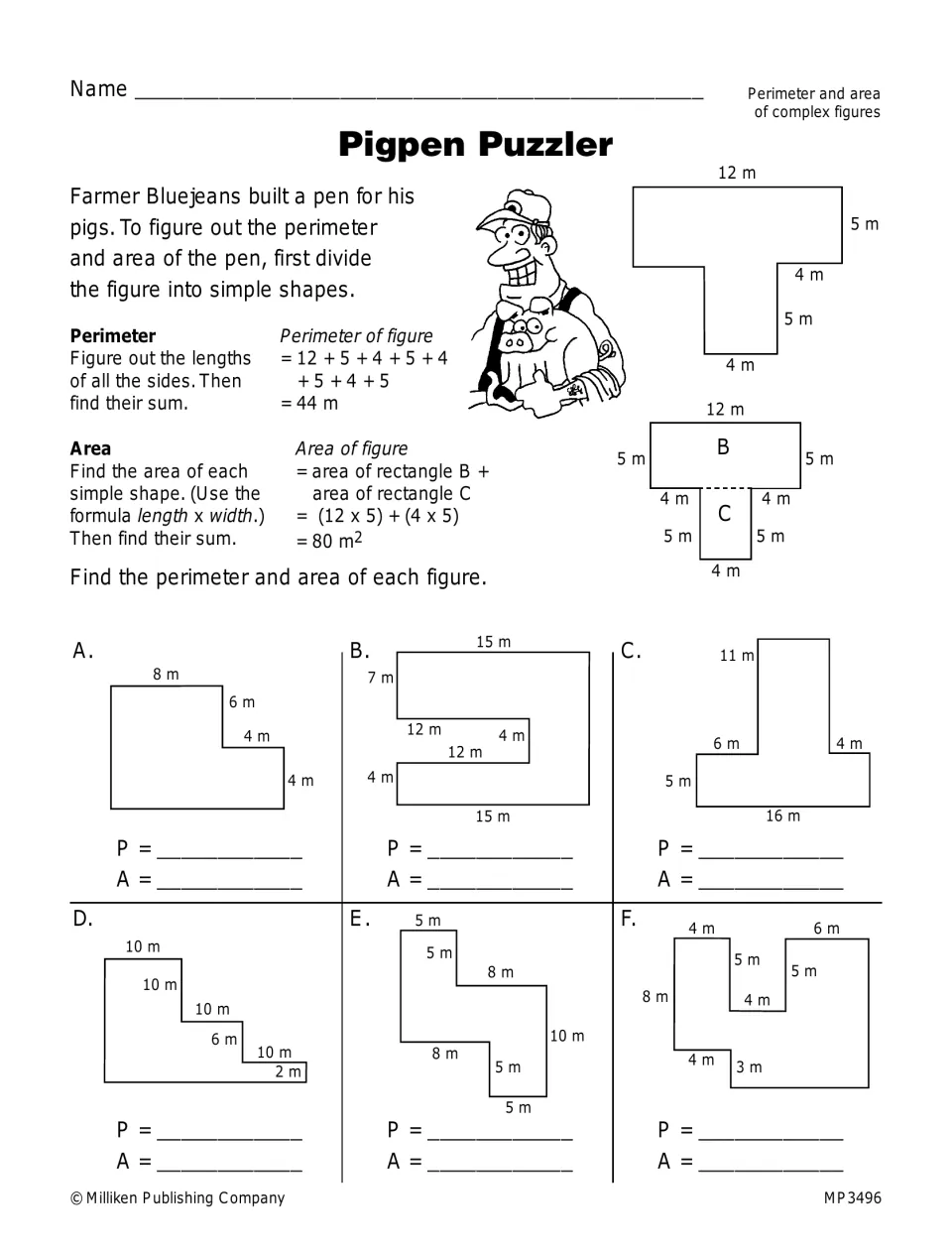 Pigpen Puzzler: students split six composite figures into rectangles to find the perimeter and area of each shape