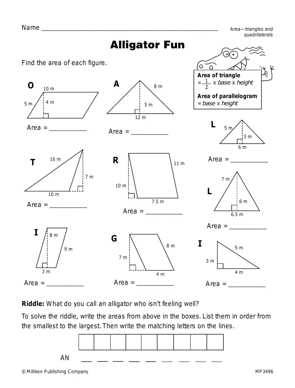 Alligator Fun: students find areas of triangles and parallelograms, then order nine answers to solve a riddle