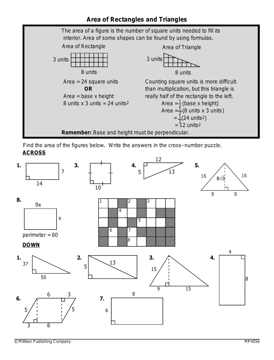 Rectangles and triangles: students use base times height and half of it, then write answers in a cross-number puzzle
