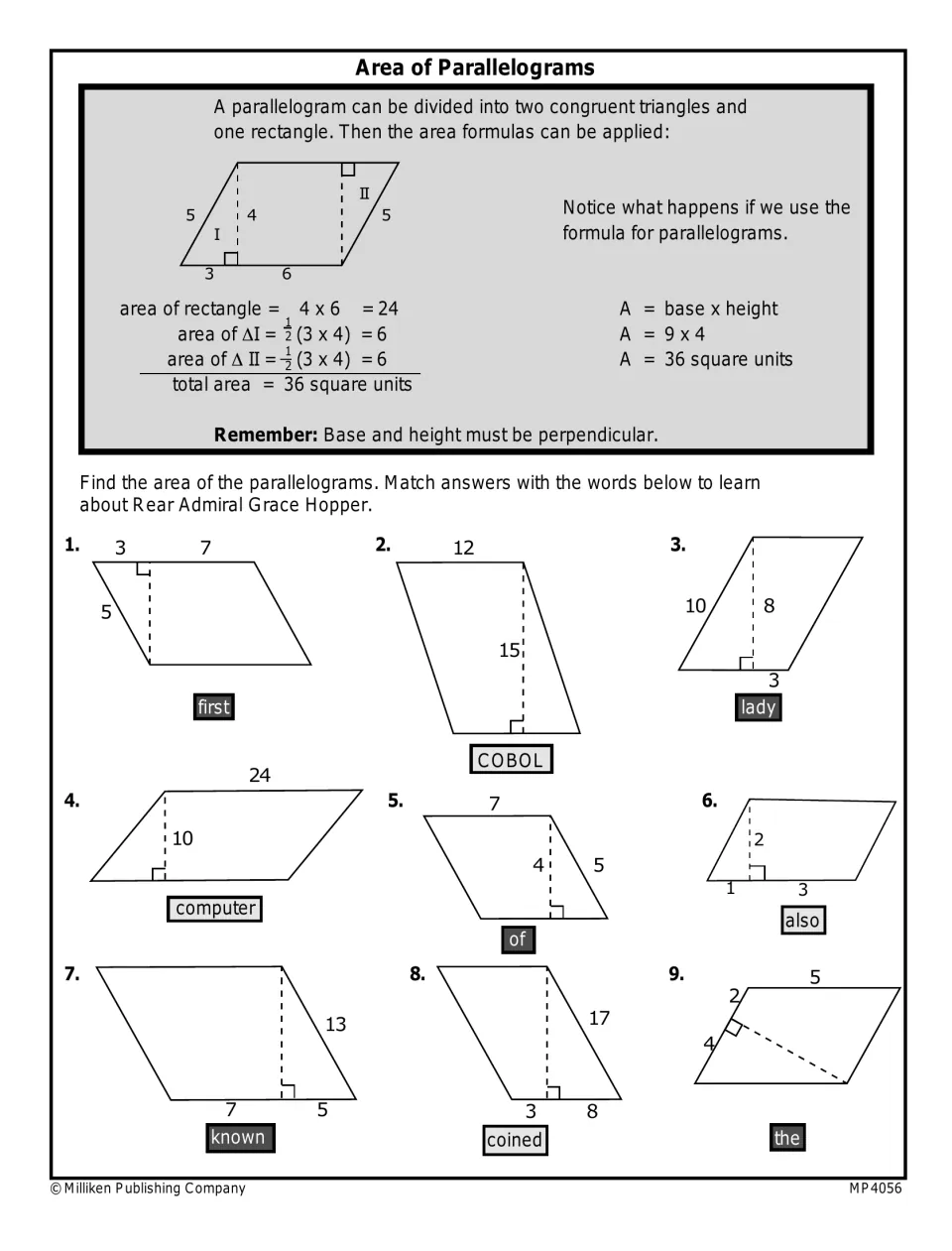 Parallelograms: students find nine areas using base times height and match each to a word about Grace Hopper