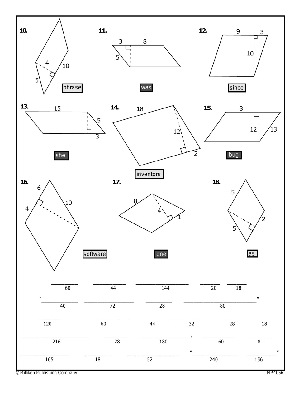 Parallelogram problems 10 to 18 and a numbered answer line where matched words spell a quote about Grace Hopper