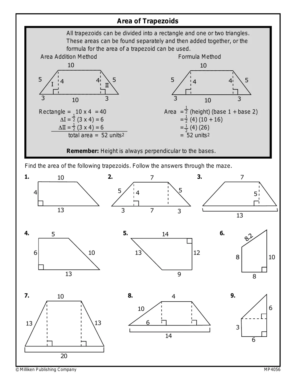 Trapezoids: students find nine areas by splitting shapes or using the formula, then follow answers through a maze