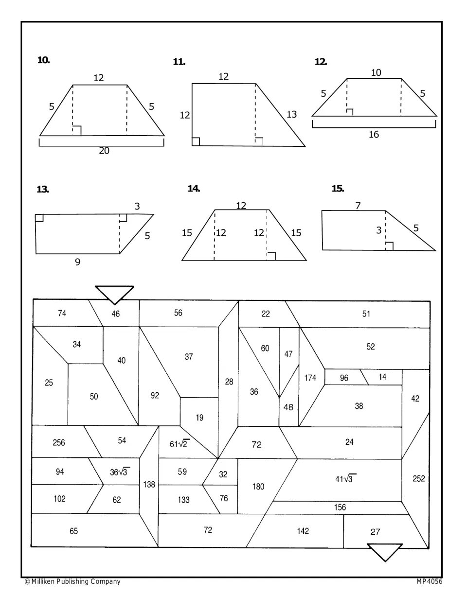 Trapezoid problems 10 to 15 with a numbered maze; students trace a path from start to finish using correct areas