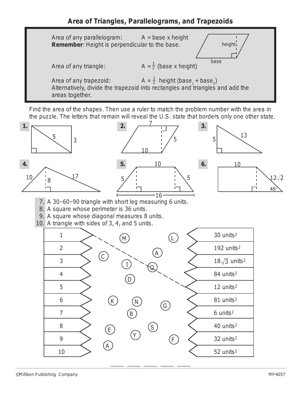 Triangles, parallelograms and trapezoids: students find ten areas, then match with a ruler to reveal a U.S. state