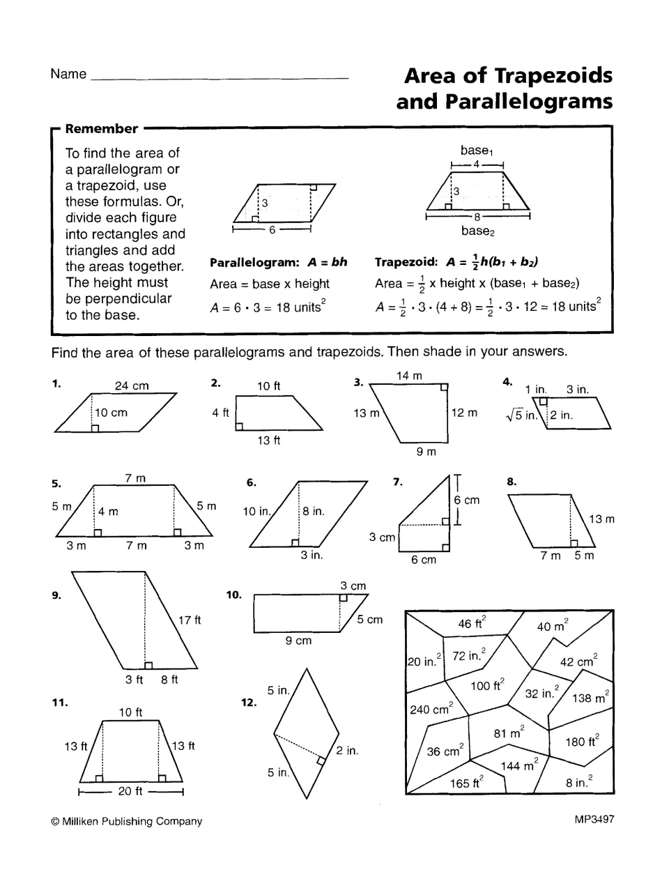 Trapezoids and parallelograms: students find 12 areas in mixed units, then shade each answer in a picture puzzle