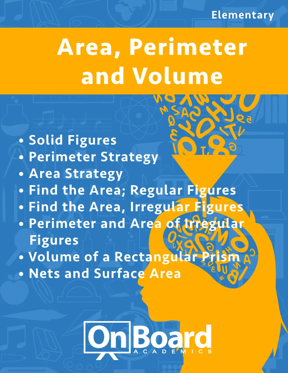Workbook cover: Area, Perimeter and Volume, listing solid figures, irregular figures, nets, and surface area