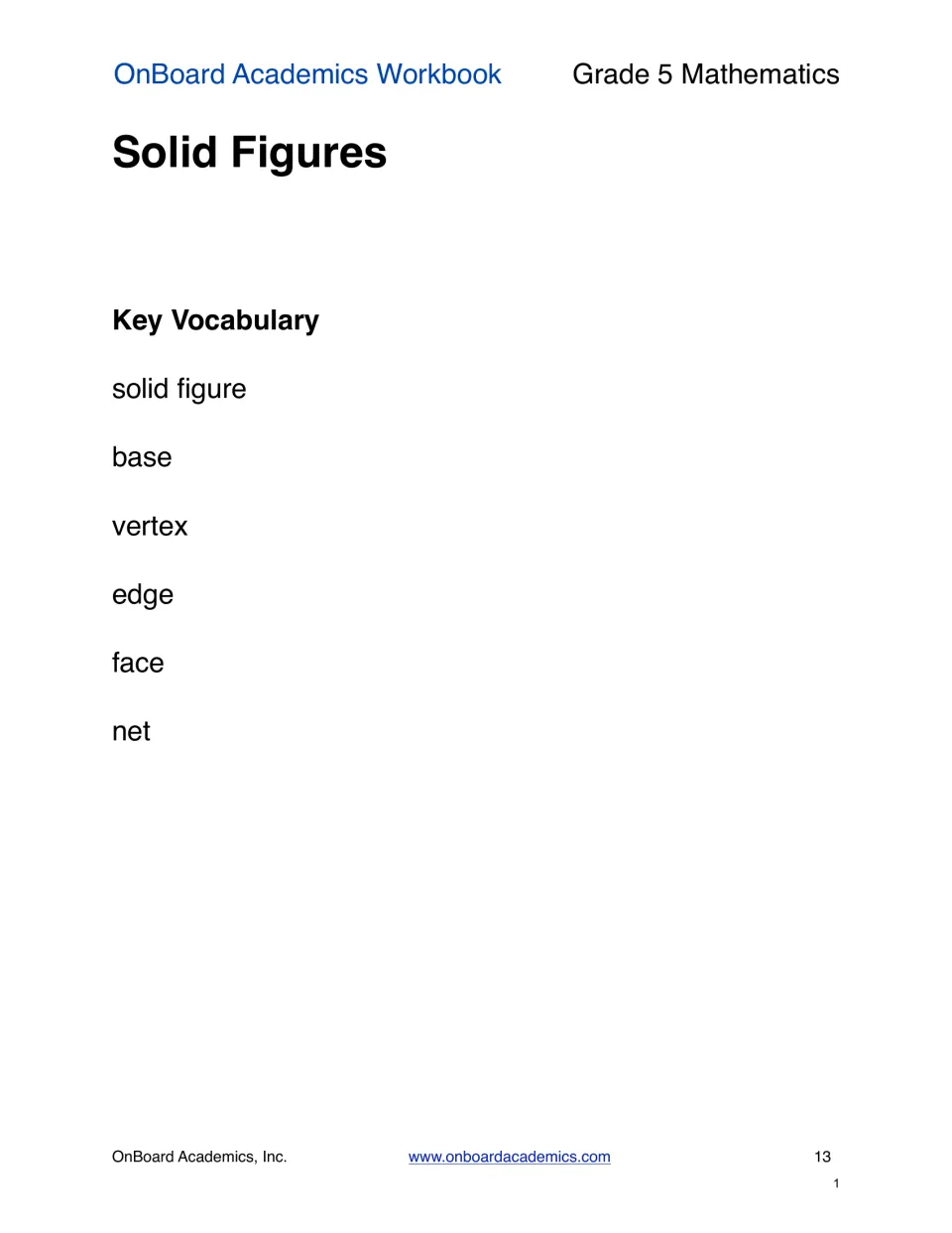 Solid Figures lesson vocabulary page listing solid figure, base, vertex, edge, face, and net