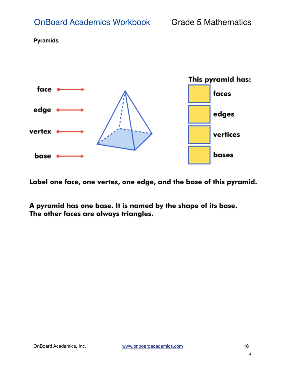 Pyramids lesson exercise asking students to label and count faces, edges, vertices, and bases of a pyramid