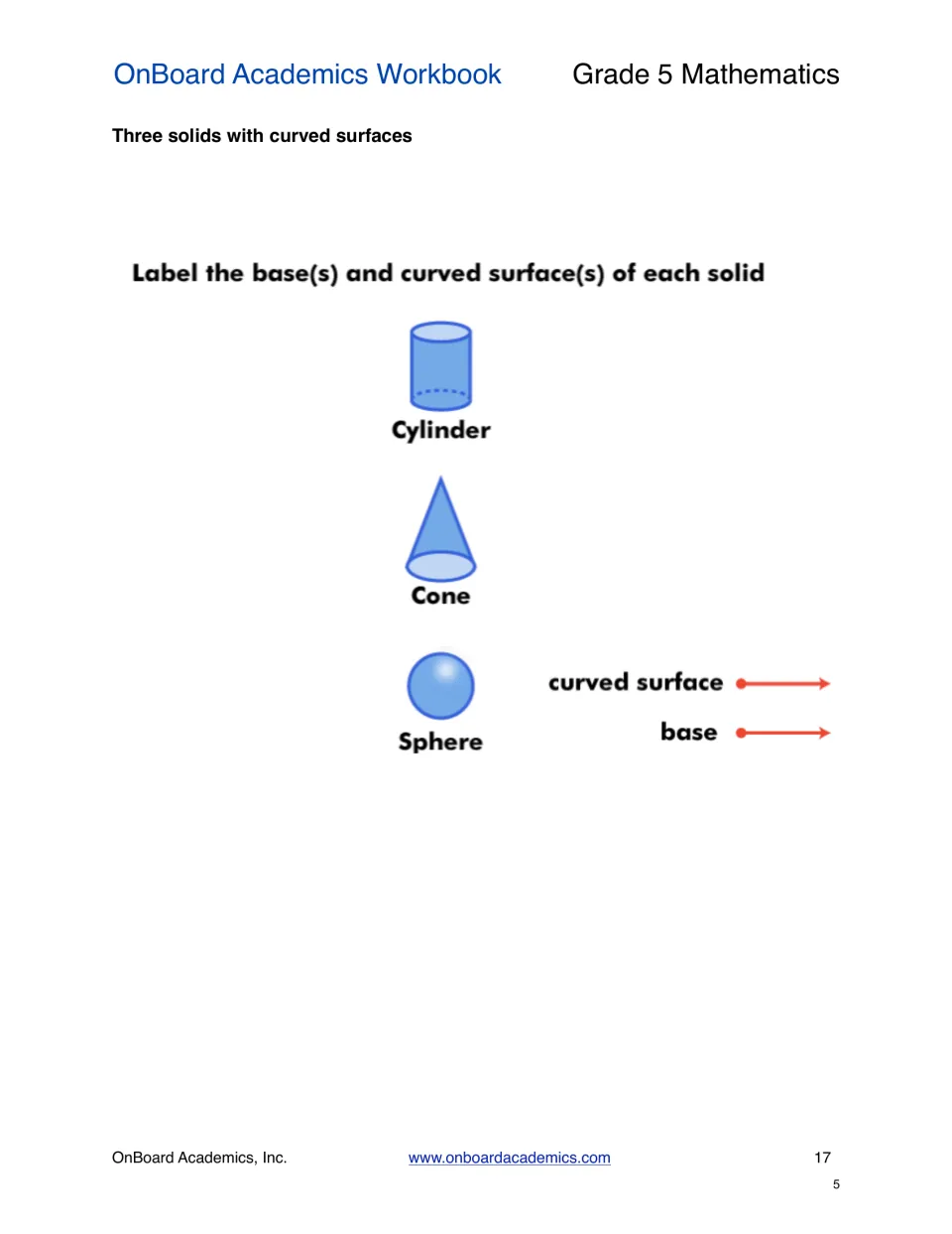 Solid-figures exercise asking students to label bases and curved surfaces on a cylinder, cone, and sphere