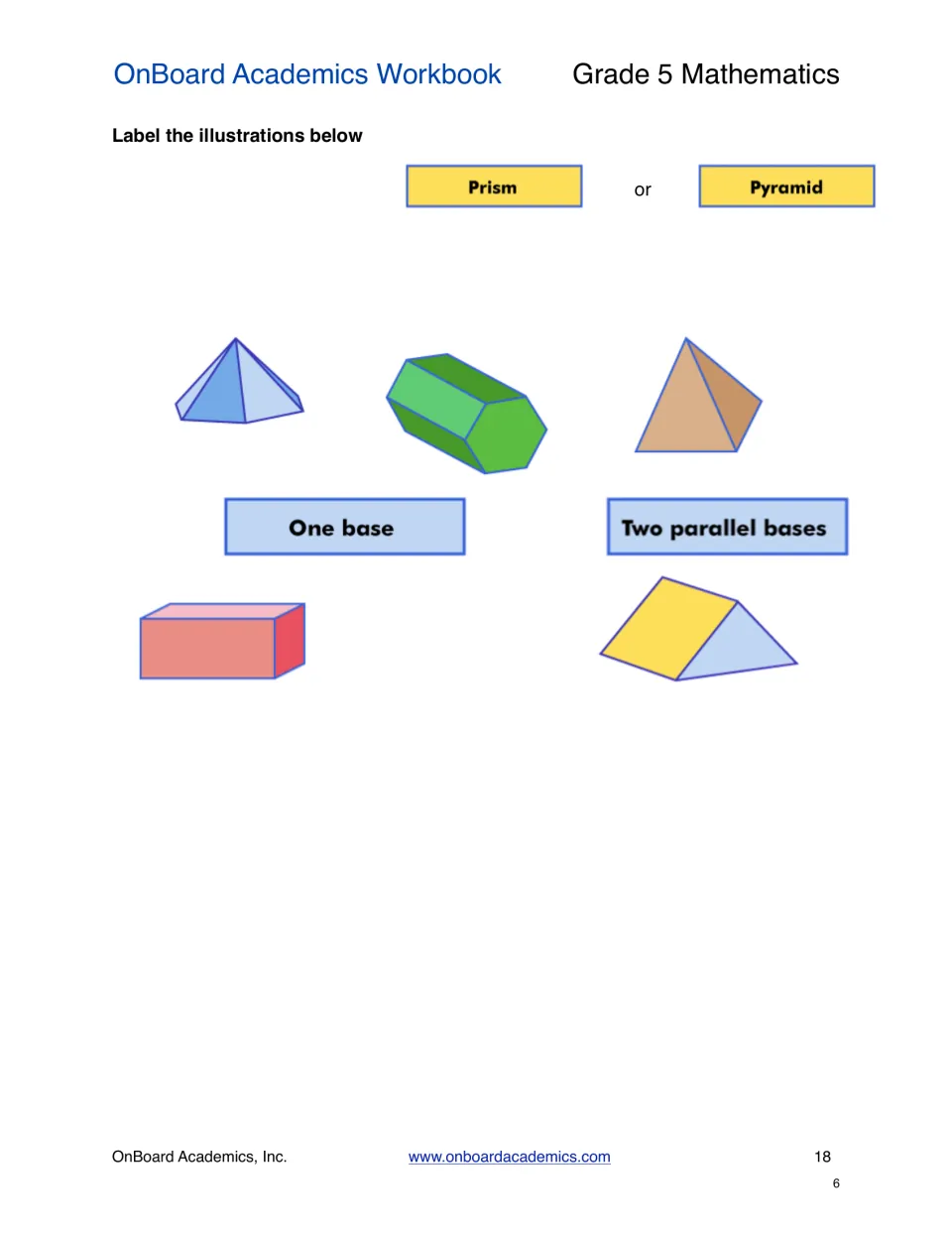 Solid-figures classification exercise showing five solids to label as prisms or pyramids using their bases
