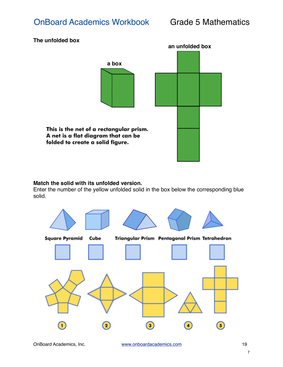 Nets lesson showing an unfolded rectangular prism and five solids to match with their numbered nets