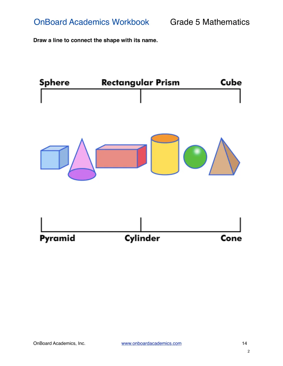Naming 3D shapes: students draw lines matching a cube, cone, prism, cylinder, sphere and pyramid to their names