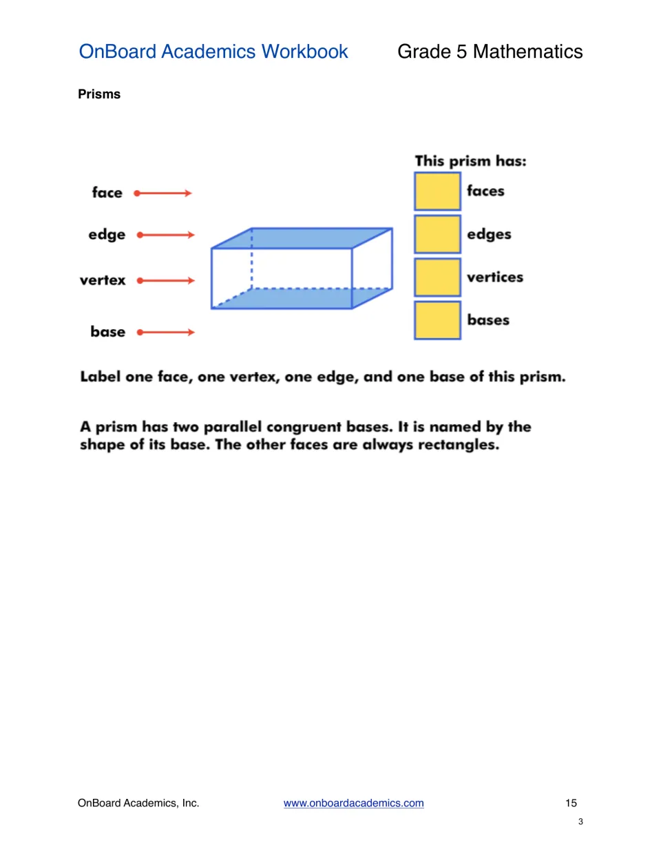 Prisms: students label a face, edge, vertex and base on a rectangular prism and count its faces, edges, vertices, bases