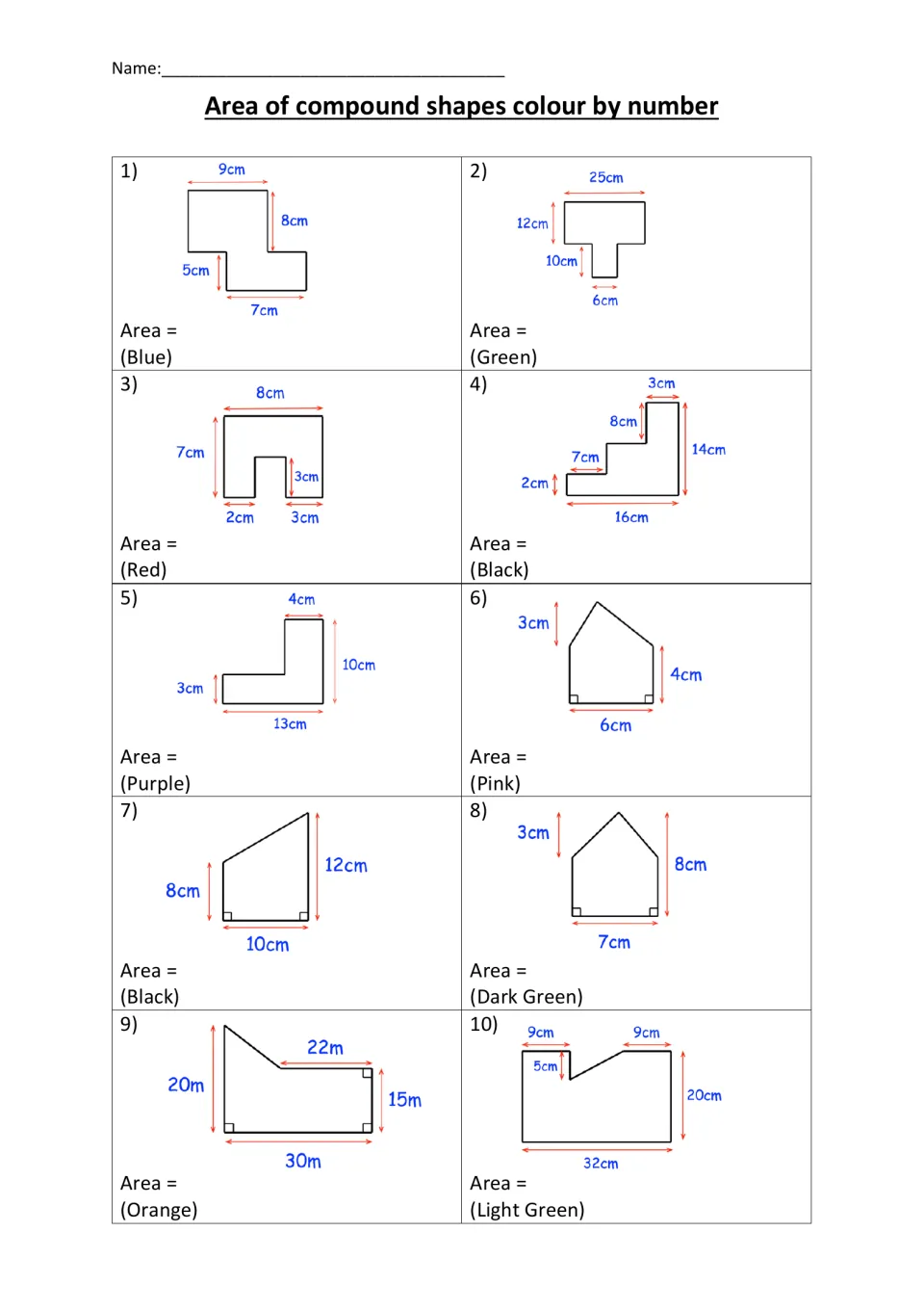Area of compound shapes: students work out the area of 10 composite figures given in cm and m, then note each colour