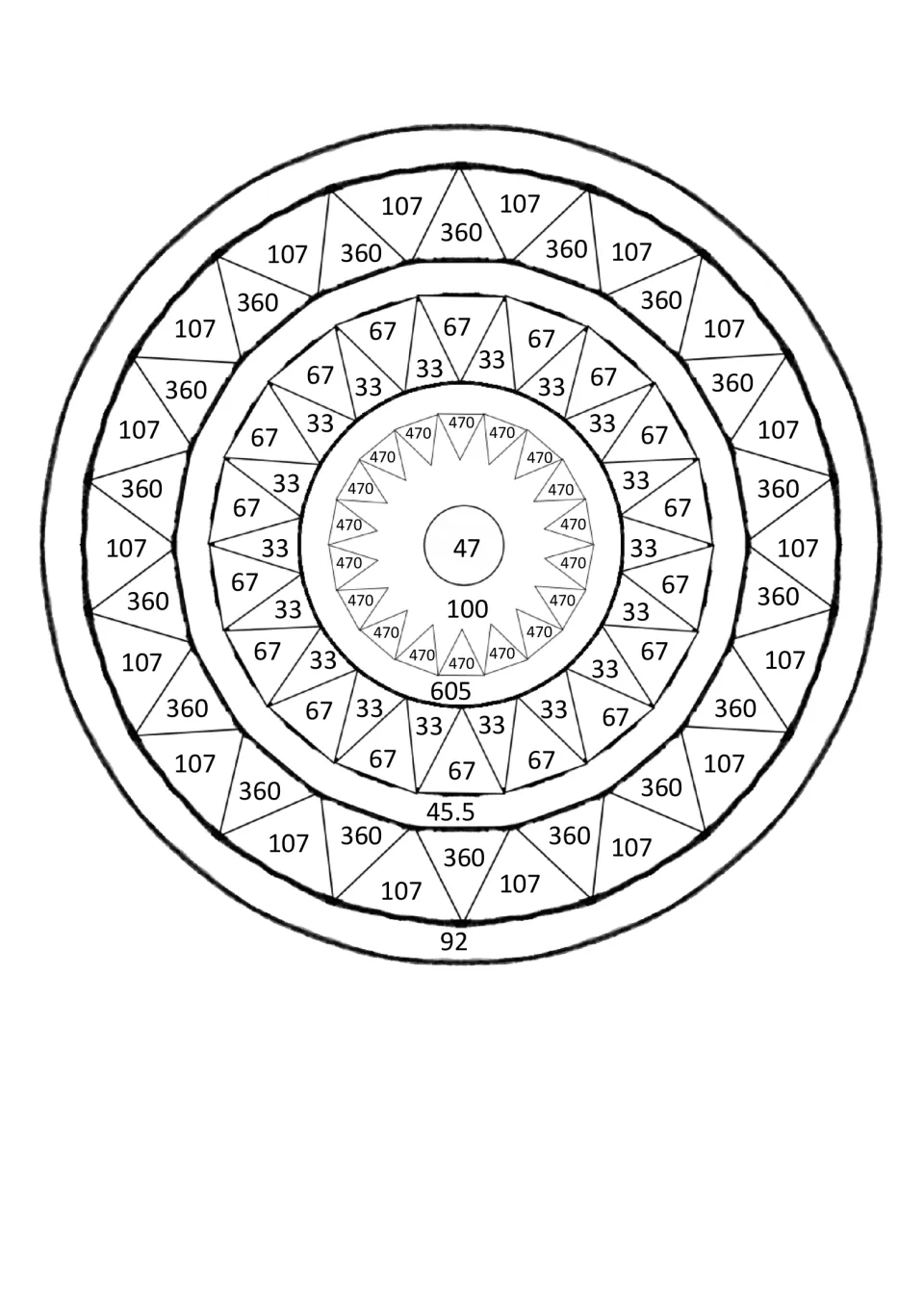Colour-by-number mandala: students shade each region by its area answer, such as 107, 360, 67, 33 and 470