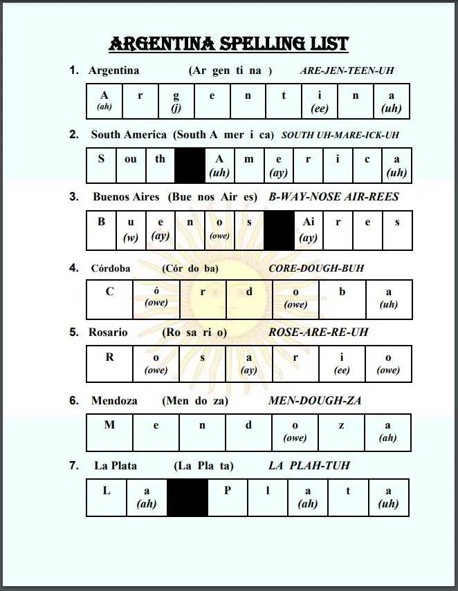 Argentina Spelling List – cover