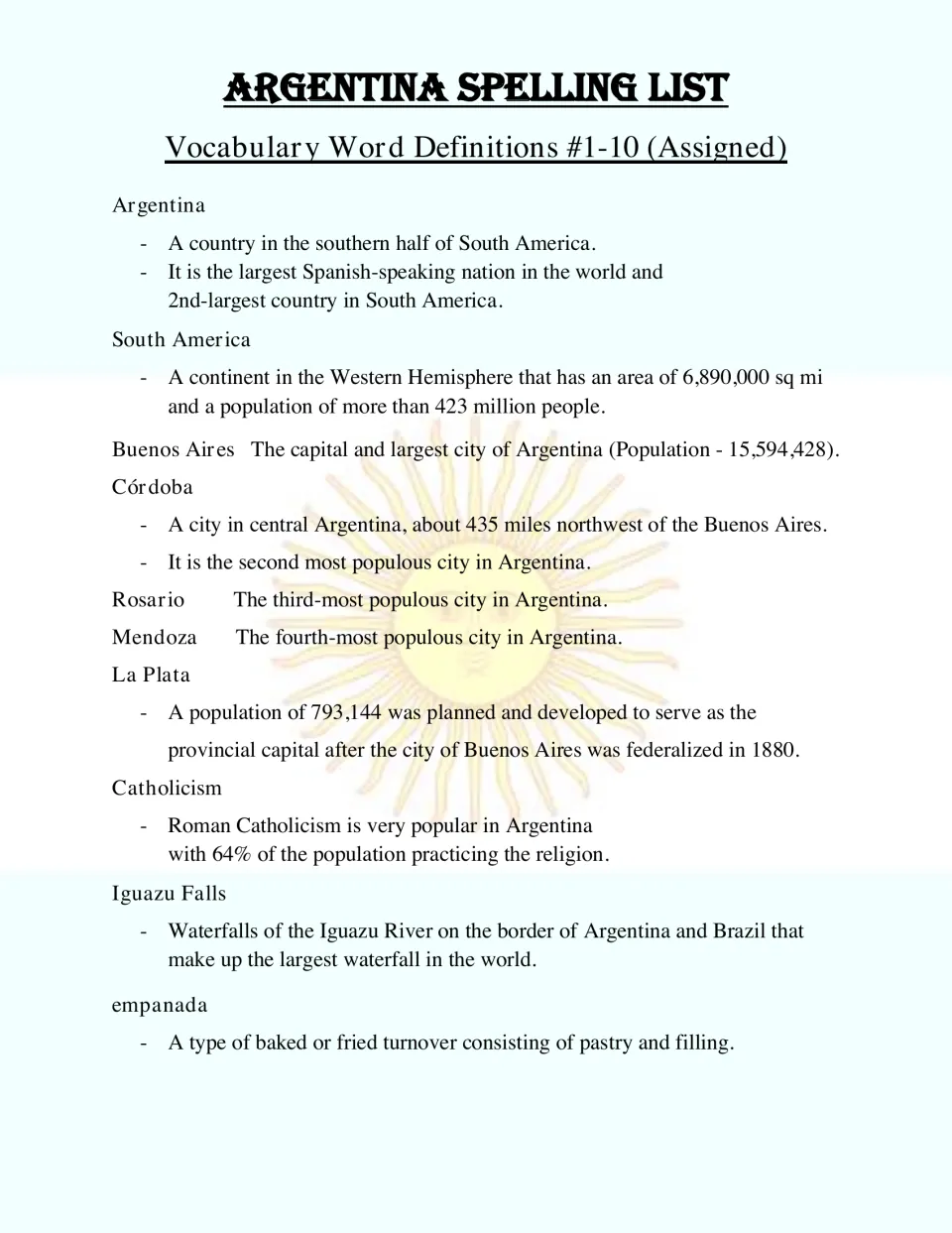 Definitions for words 1-10: Argentina, South America, Buenos Aires and other cities, Catholicism, Iguazu Falls, empanada