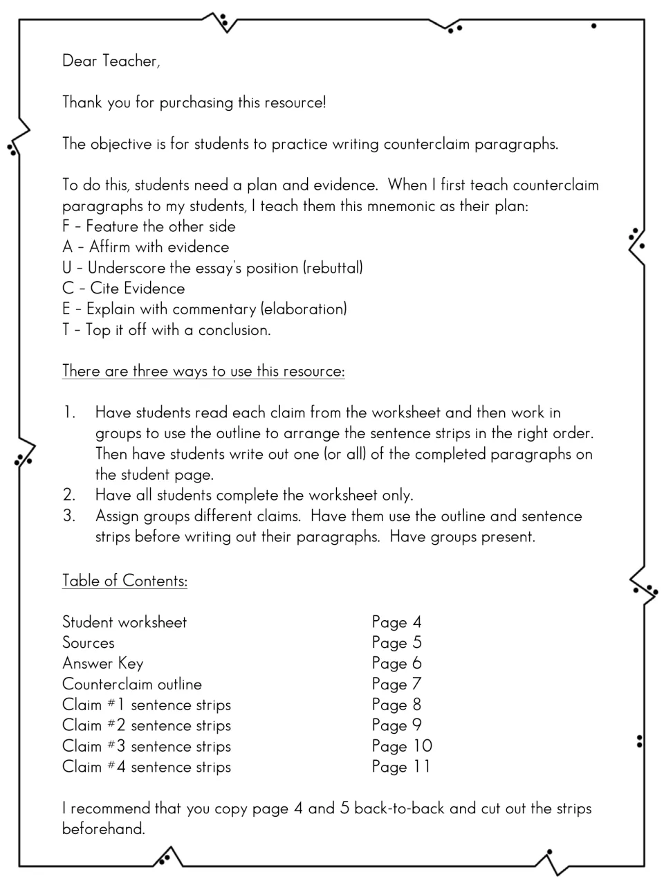 Teacher note: F-A-U-C-E-T mnemonic for counterclaim paragraphs, three ways to use the sets, and a table of contents