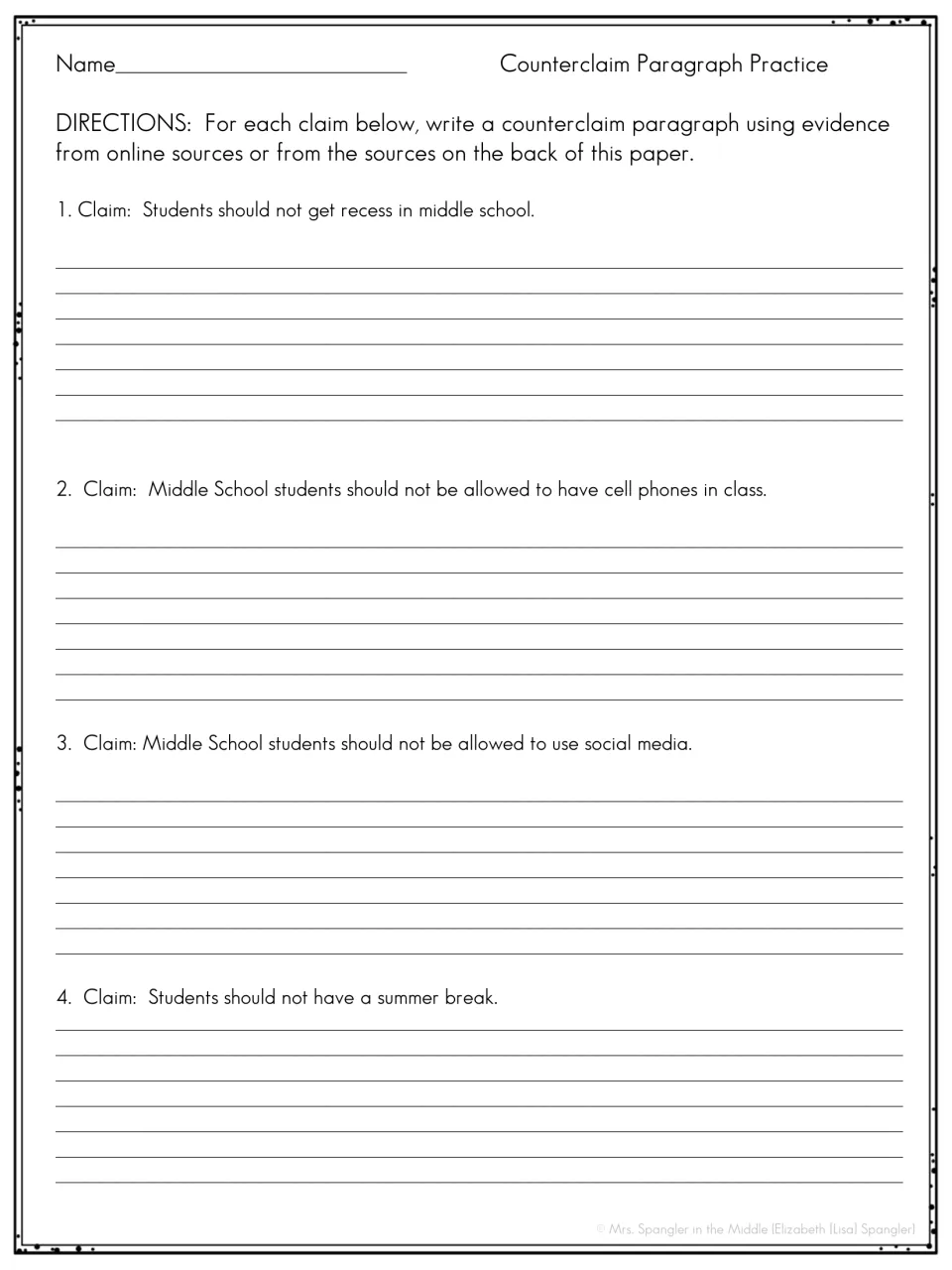 Counterclaims: students write a paragraph for each of four claims on break, cell phones, social media and summer break
