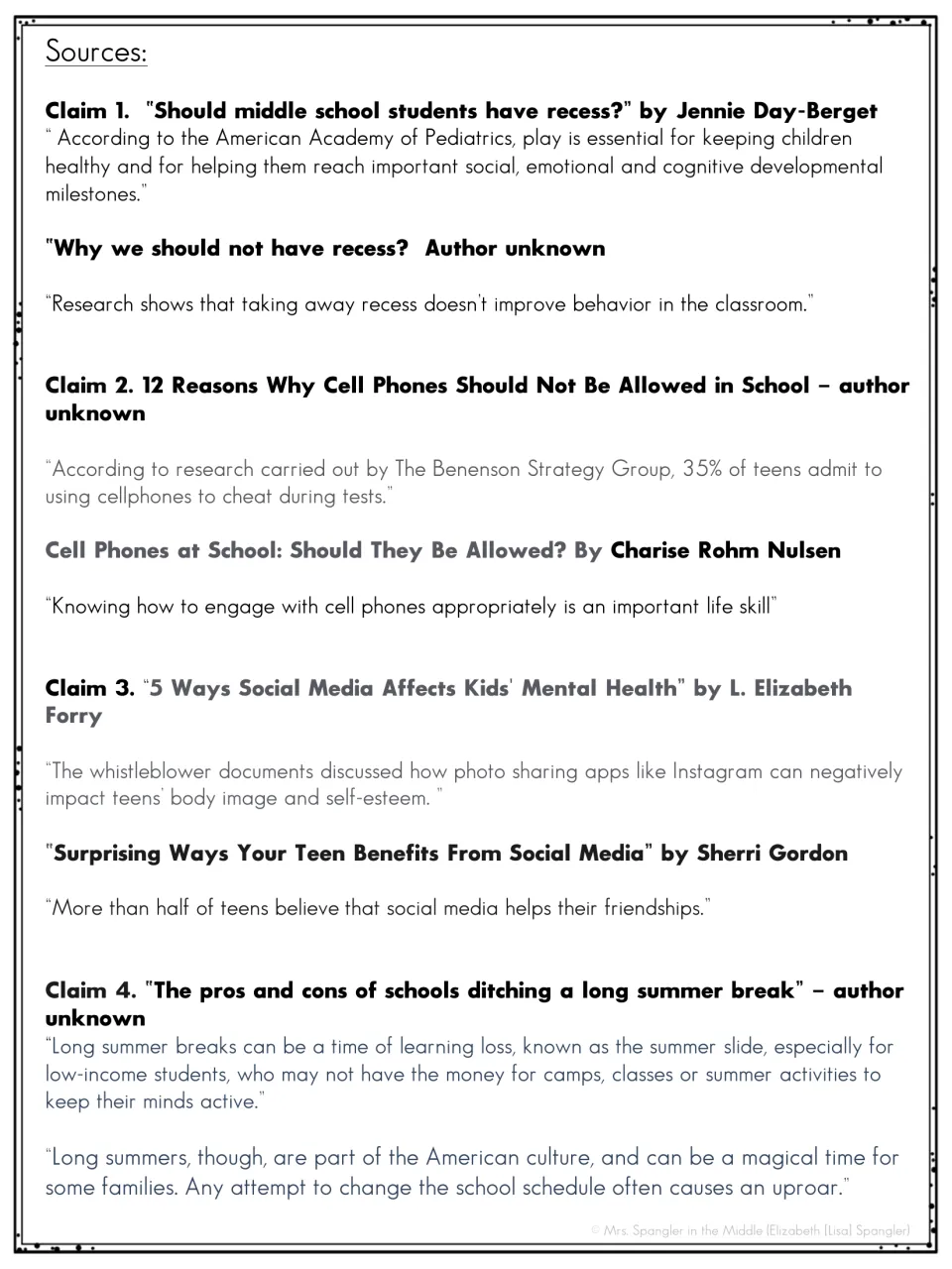 Evidence sources: two article quotes per claim, pro and con, for students to cite in each counterclaim paragraph
