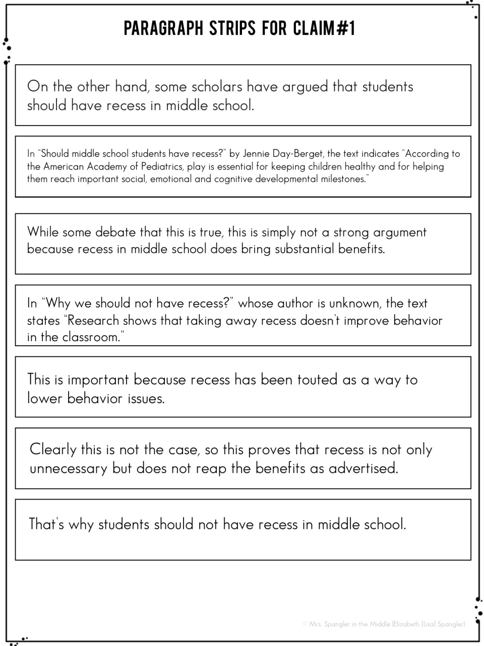 Claim 1 sentence strips: seven cut-apart sentences of a counterclaim paragraph on break for students to order
