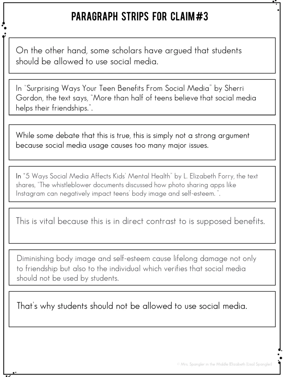 Claim 3 sentence strips: seven sentences on student social media use to arrange from counterclaim and evidence to rebuttal