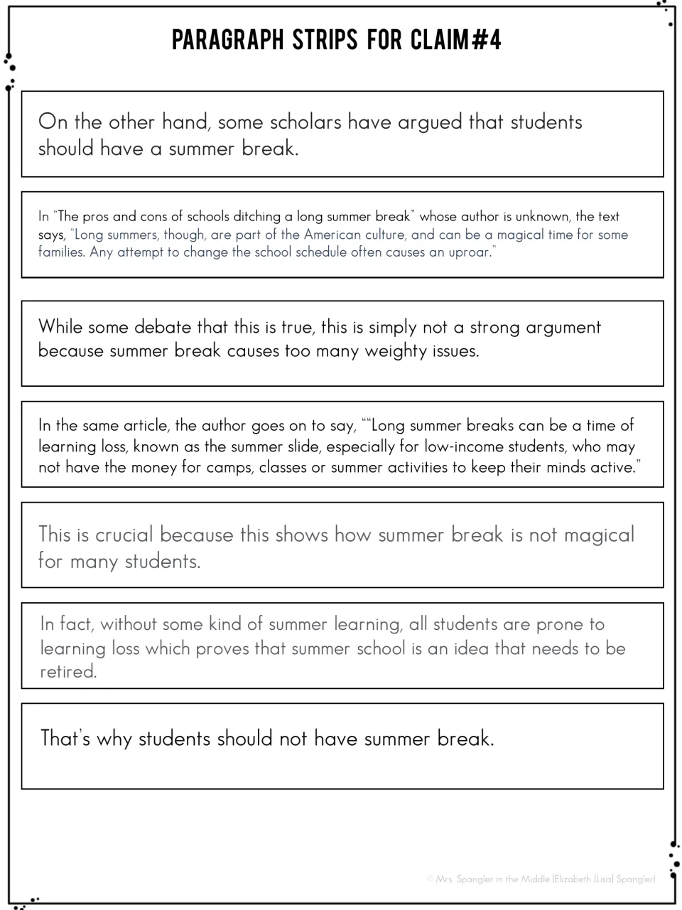 Claim 4 sentence strips: seven sentences about ending summer break, citing one article, for students to put in order