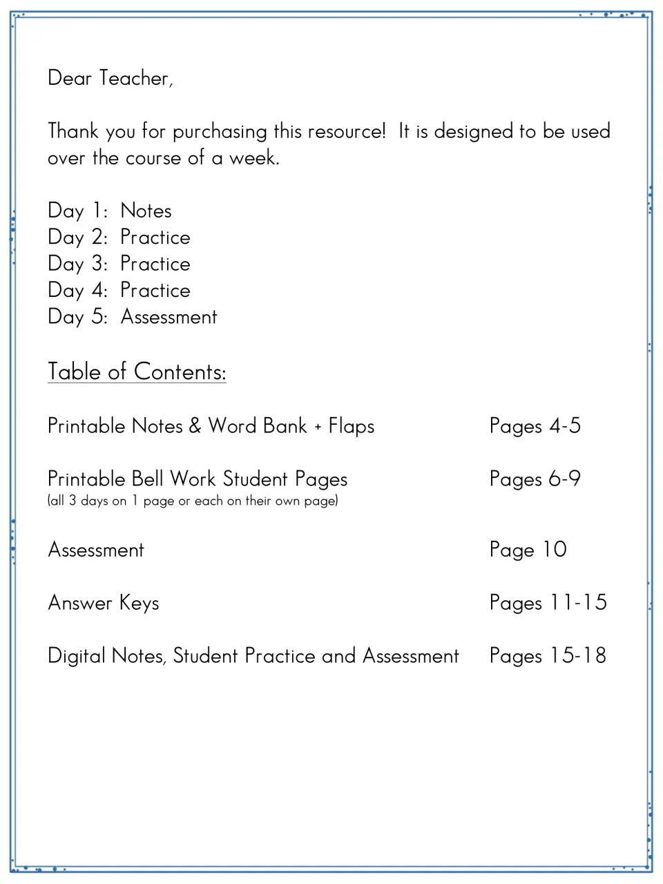Teacher note giving a five-day plan: notes on day 1, practice days 2 to 4, assessment day 5, plus a table of contents