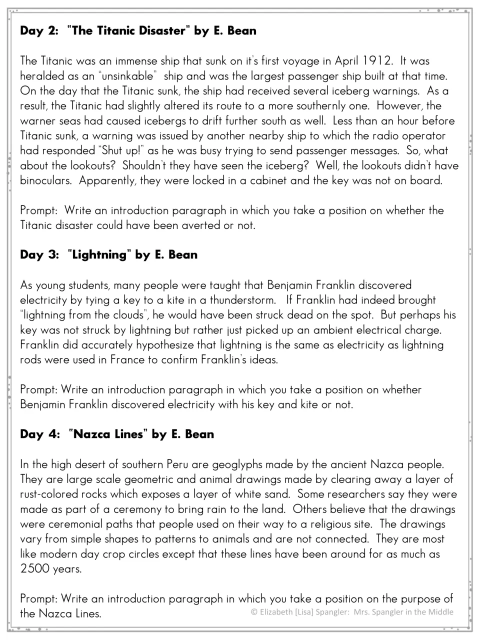 Three short readings on the Titanic, Franklin and lightning, and the Nazca Lines, each with an argumentative intro prompt