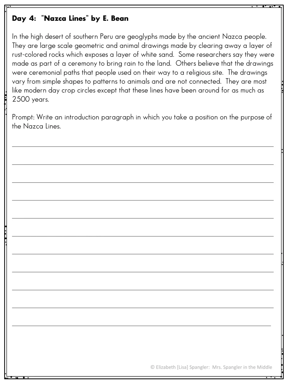 Day 4 Nazca Lines reading: students take a position on the geoglyphs' purpose and write an introduction paragraph