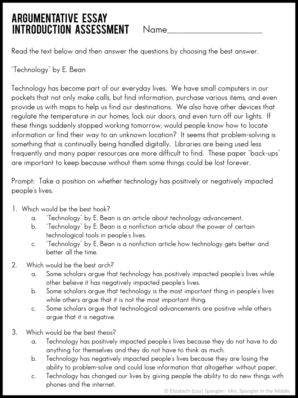 Technology passage quiz: students read the text, then choose among three options each for the hook, arch and thesis