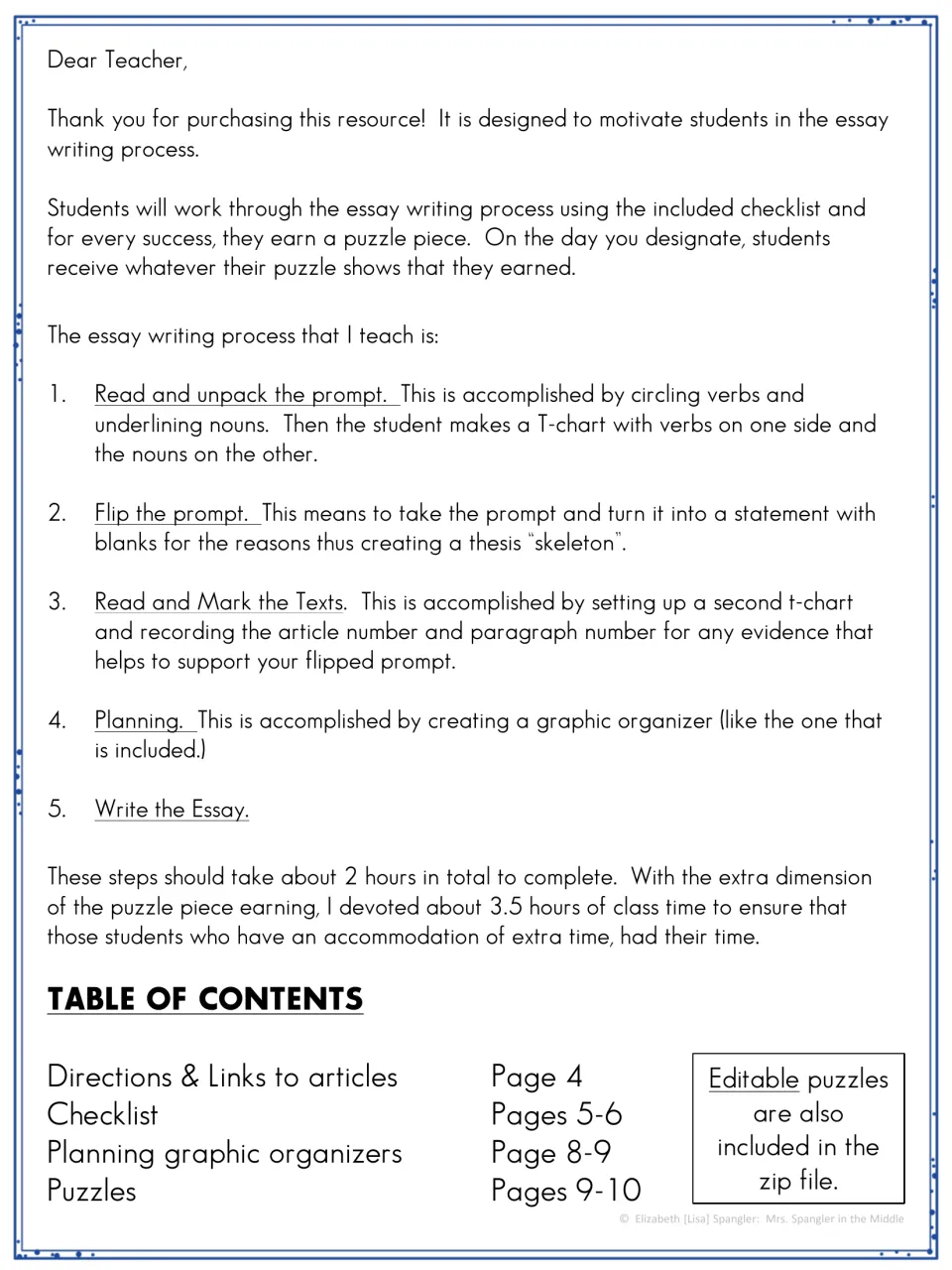 Teacher overview of five essay-writing stages, puzzle-piece rewards, timing, and the table of contents