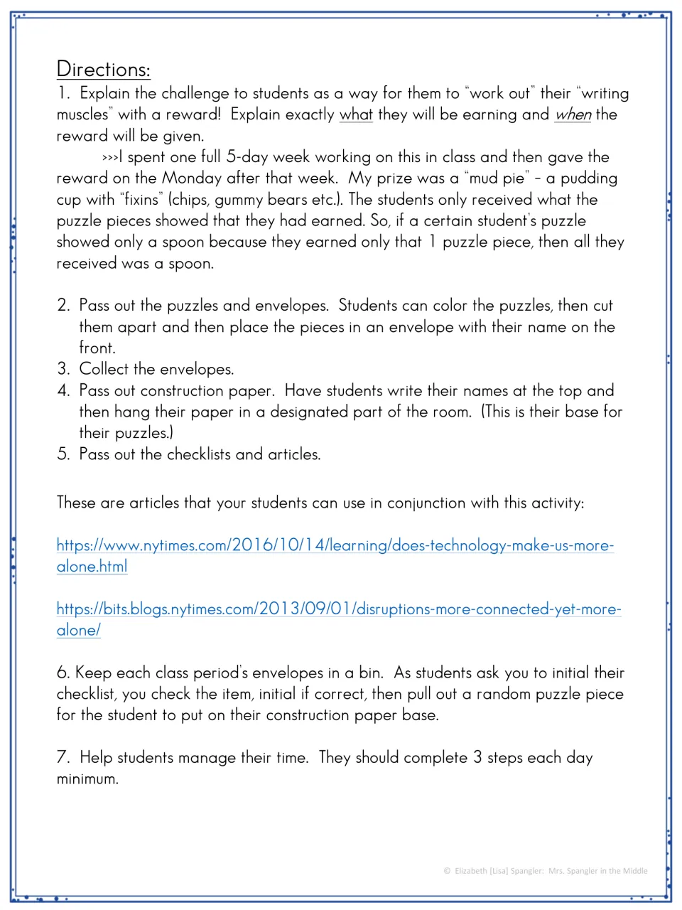 Teacher directions for preparing reward puzzles, checking student progress, and using linked articles