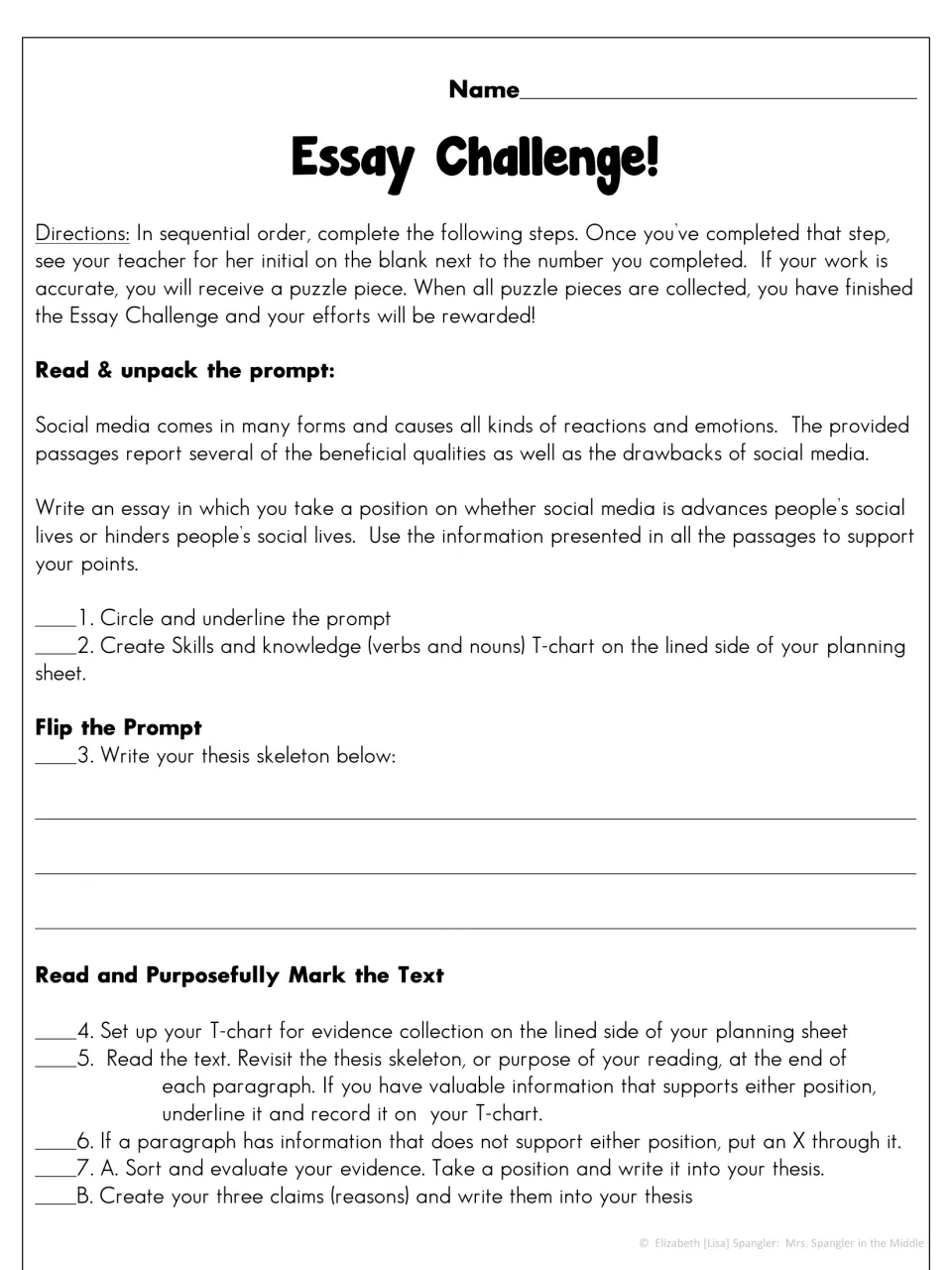 Essay checklist begins with a social media prompt, thesis skeleton, evidence collection, and three claims