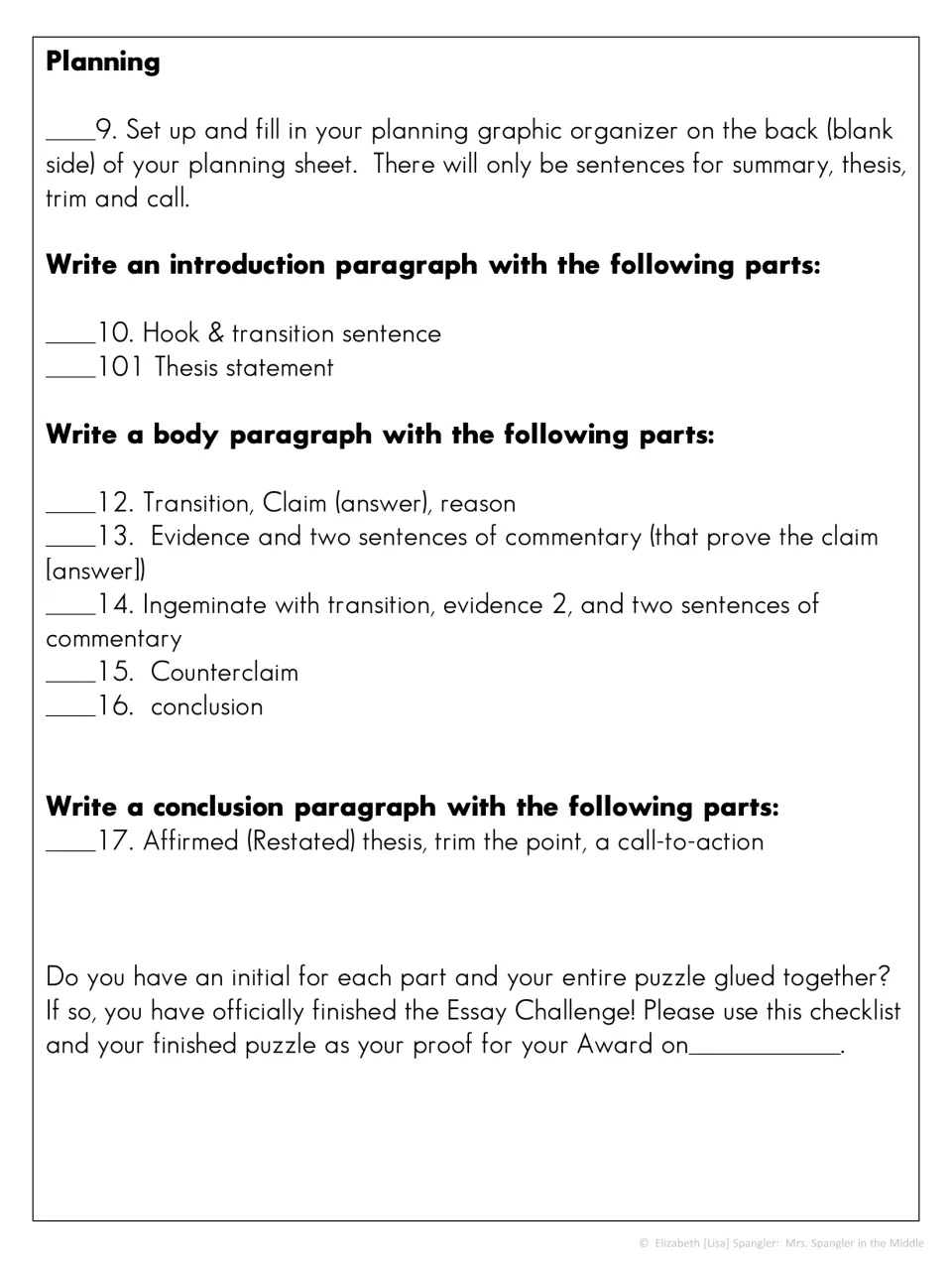 Essay checklist continues with planning, introduction, body paragraph evidence, counterclaim, and conclusion