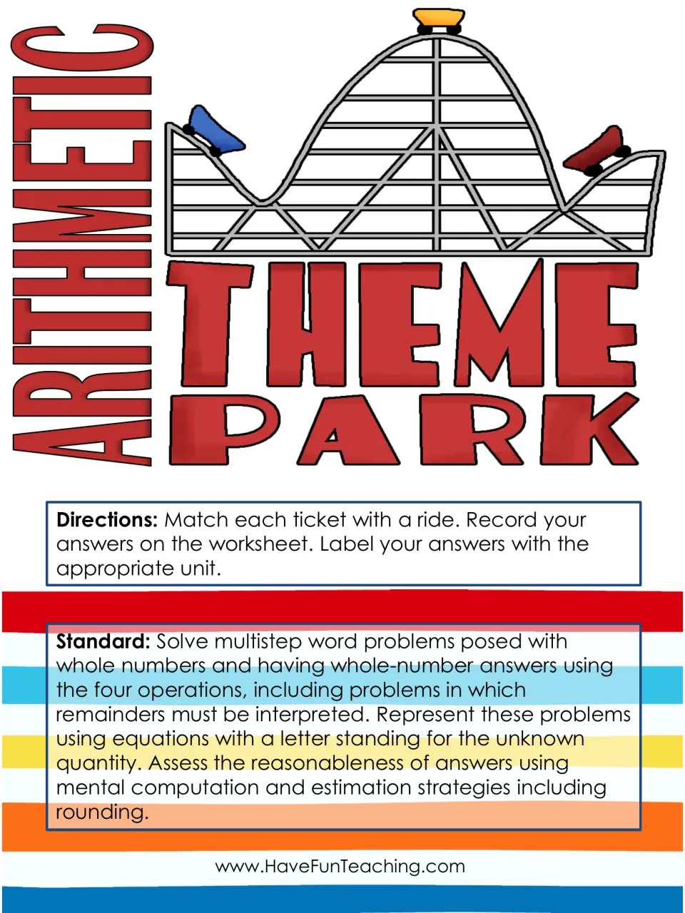 Arithmetic Theme Park cover: match each ticket with a ride, label answers with units; multistep word problem standard