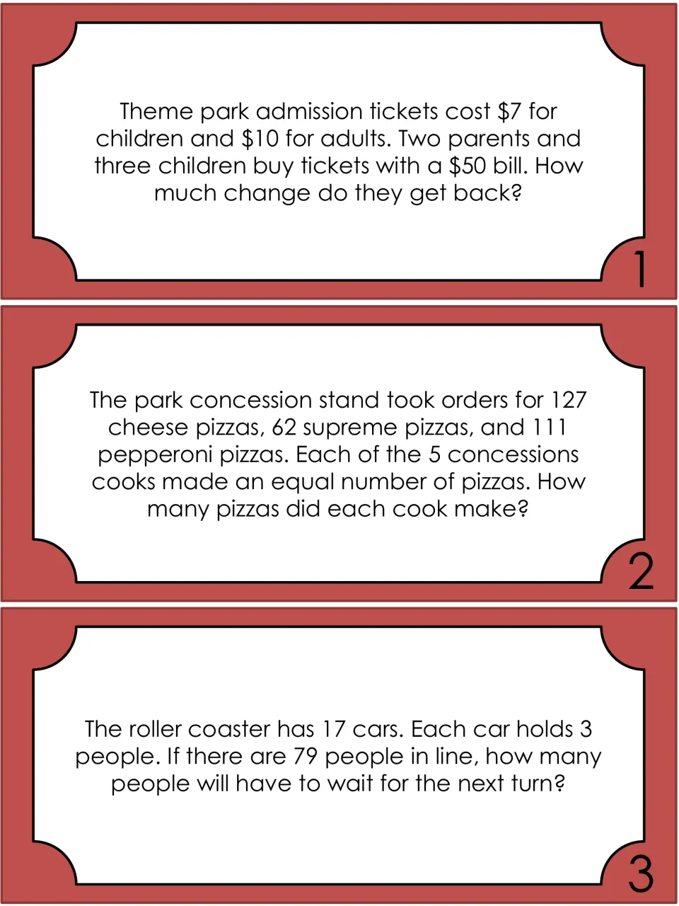 Word problem tickets 1 to 3: admission change from a $50 bill, pizzas split among 5 cooks, and riders left in line