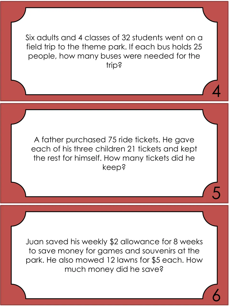 Word problem tickets 4 to 6: buses for a field trip, tickets a father kept, and Juan's allowance and lawn savings