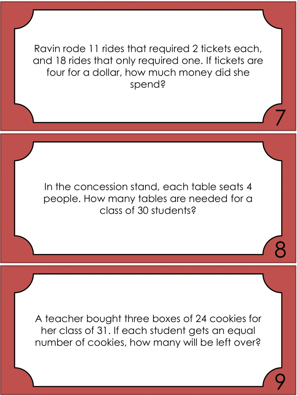 Word problem tickets 7 to 9: Ravin's ride ticket cost, tables for 30 students, and leftover cookies for a class