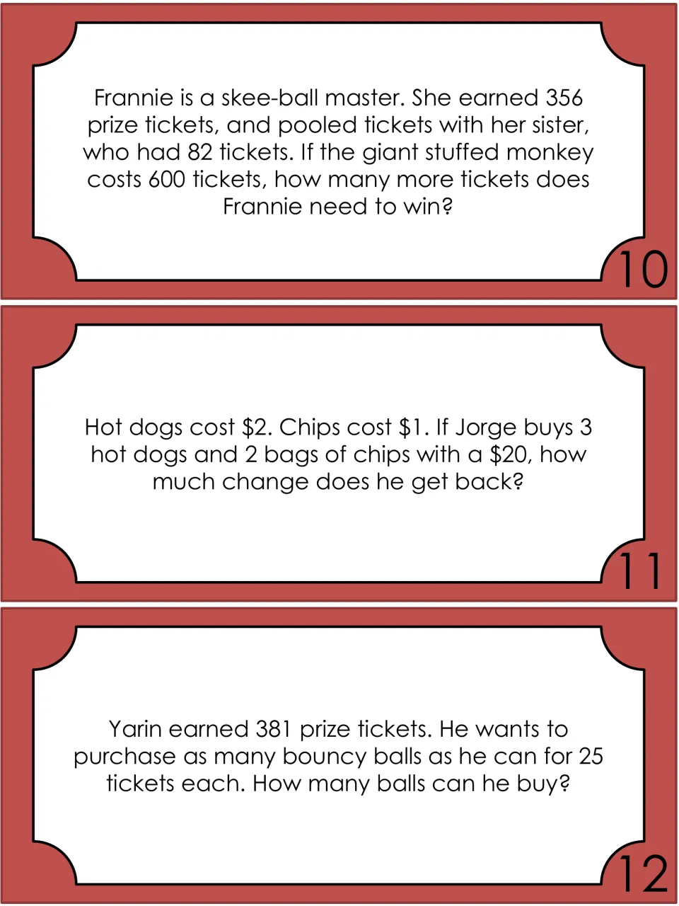 Word problem tickets 10 to 12: skee-ball tickets still needed, change after hot dogs and chips, and bouncy balls bought
